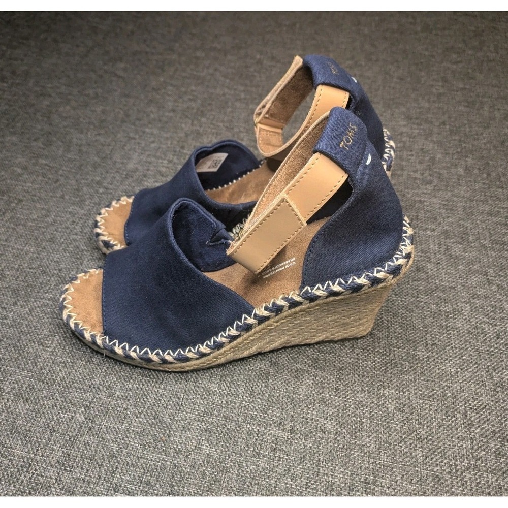 TOMS Marisol Peony Wedge Blue Sandals Brown Leather Strap Shoes Womens 6.5
